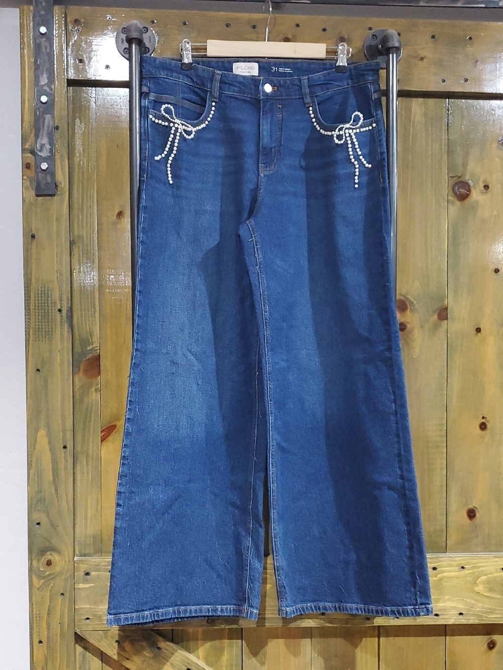 Pilcro Dark Blue Wide-Leg Jeans with Pearl Bow Accents Anthropologie